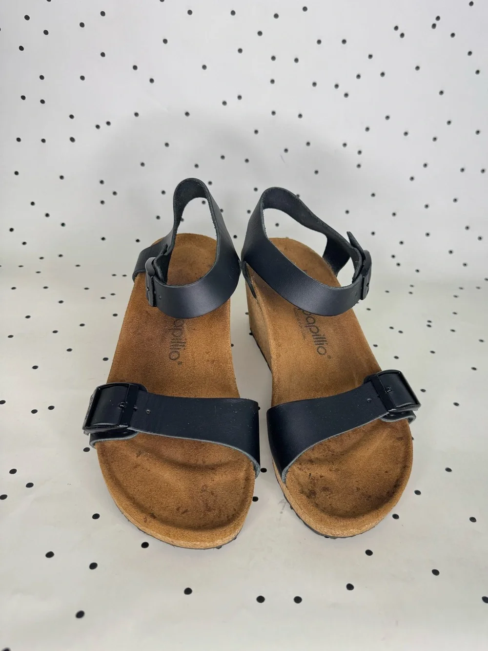 Birkenstock Papillio Soley Black Leather Wedge Sandals with Buckle Straps size 9